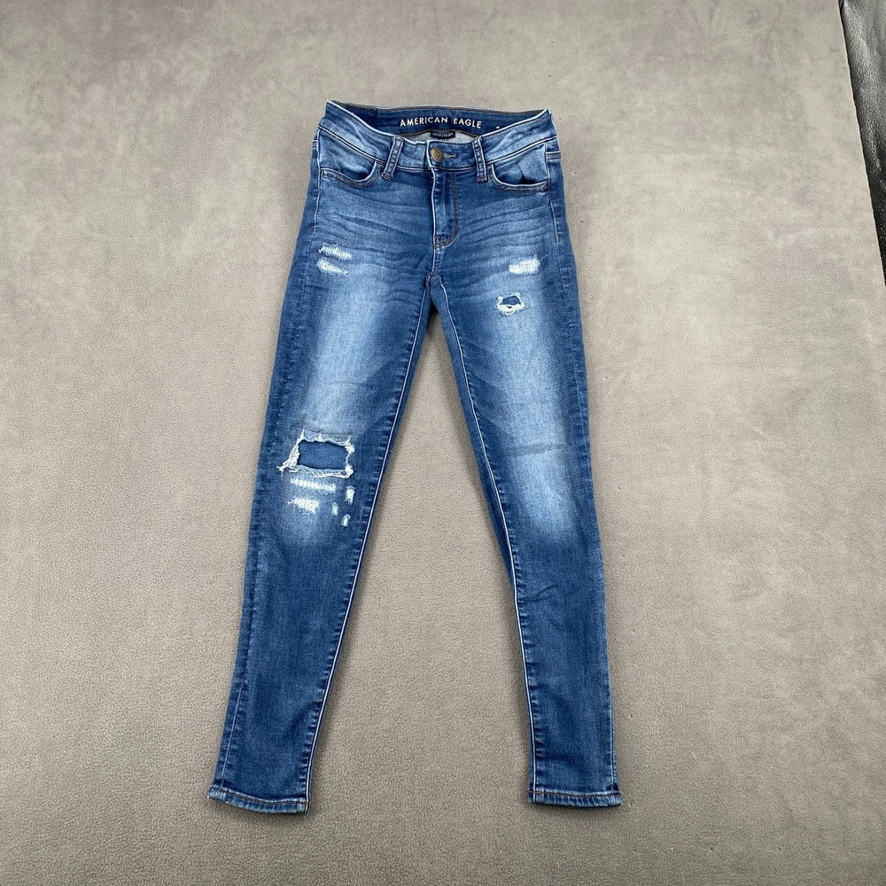 American Eagle Jeans Womens 0 Blue Denim Super Stretch Medium Wash Distressed‎